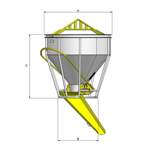 Concrete bucket with side chute OVP Group - technical drawing with dimensions A, B, C